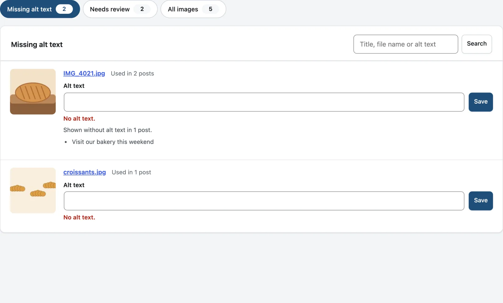 The alt text manager listing images without alt text, the posts that use them, and a field to add a description.