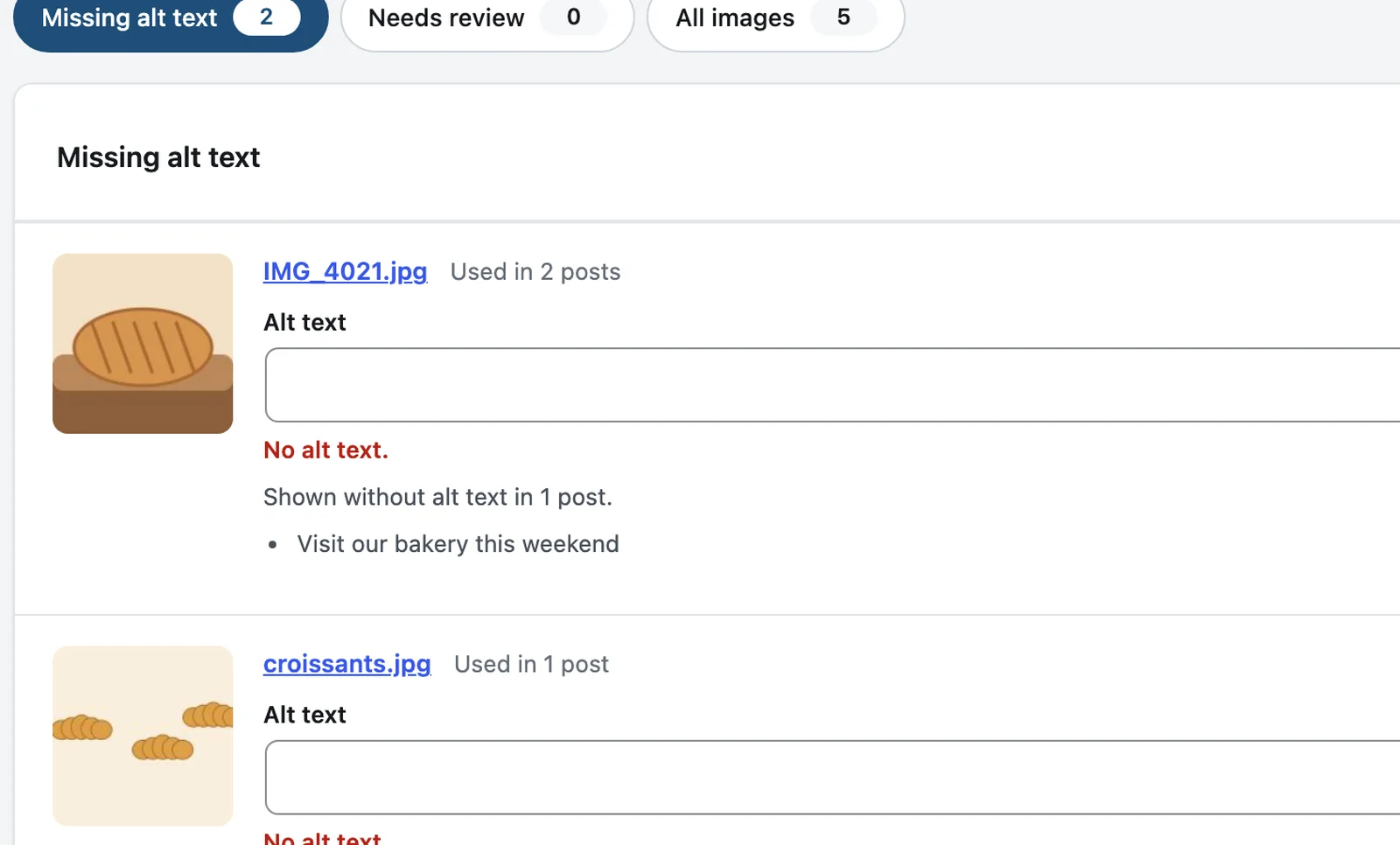 The alt text manager listing images without alt text, the posts that use them, and a field to add a description.