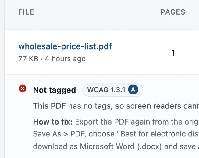 A PDF flagged as not tagged, with the fix explained.