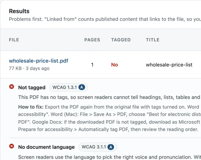 A PDF flagged as not tagged, with the fix explained.