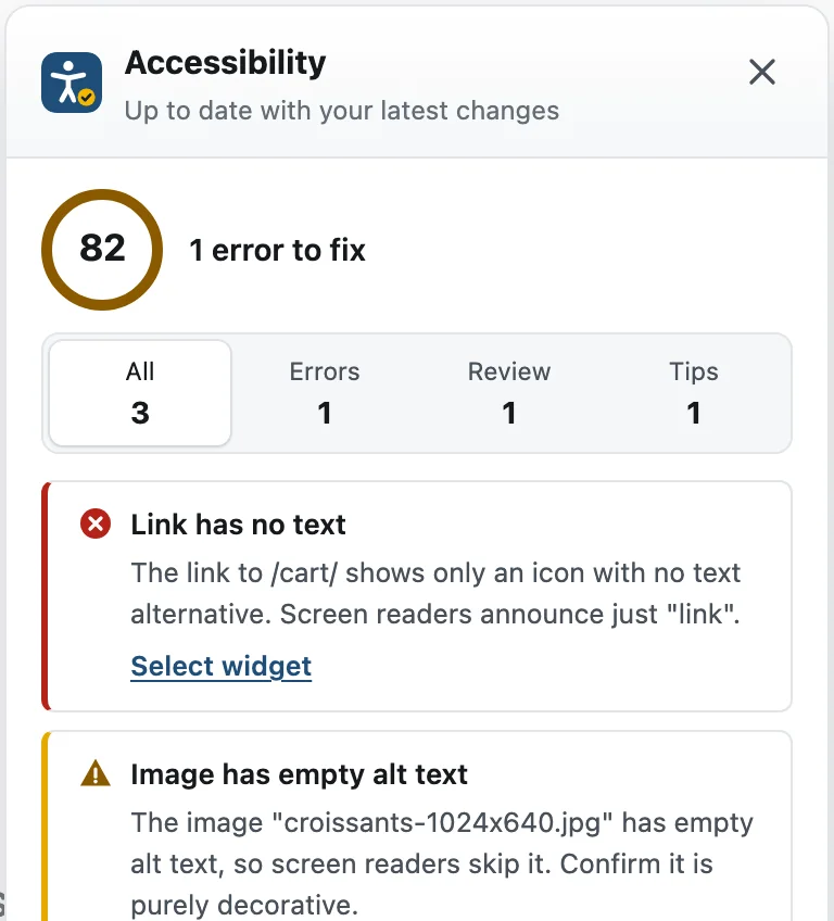 The Lumtera panel inside Elementor showing a score of 75 and issues with Select widget links.