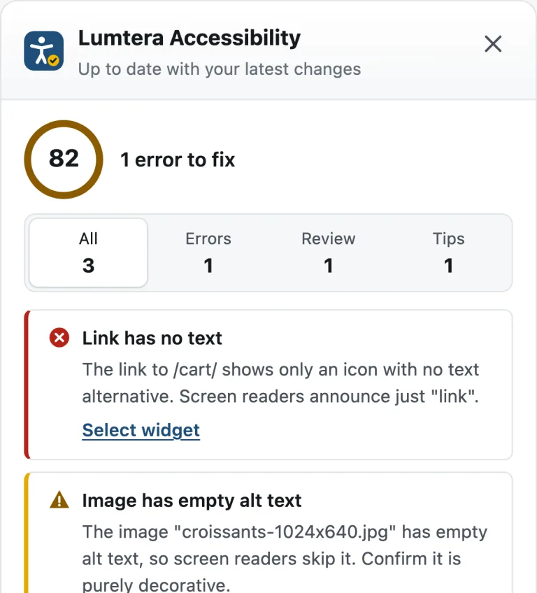 The Lumtera panel inside Elementor showing a score of 82 and issues with Select widget links.