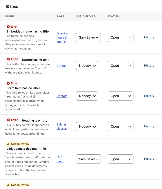 Fix tasks: each issue with its page, assignee and status.