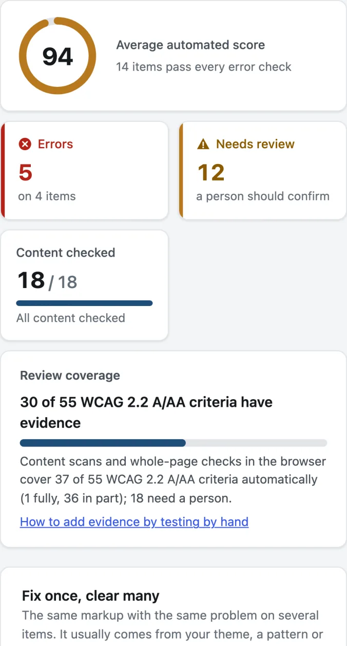 The site overview: an average score of 94, 5 errors, 12 items to review and WCAG review coverage.