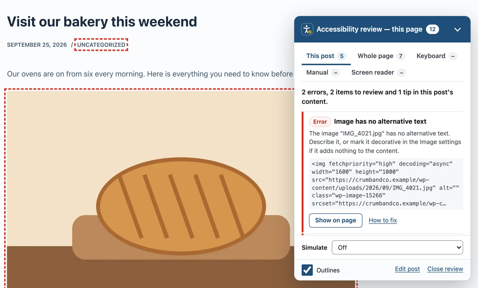 The Lumtera review panel on a live post: tabs for this post, the whole page, keyboard, manual and screen reader checks, and a missing alt text error with Show on page and How to fix.