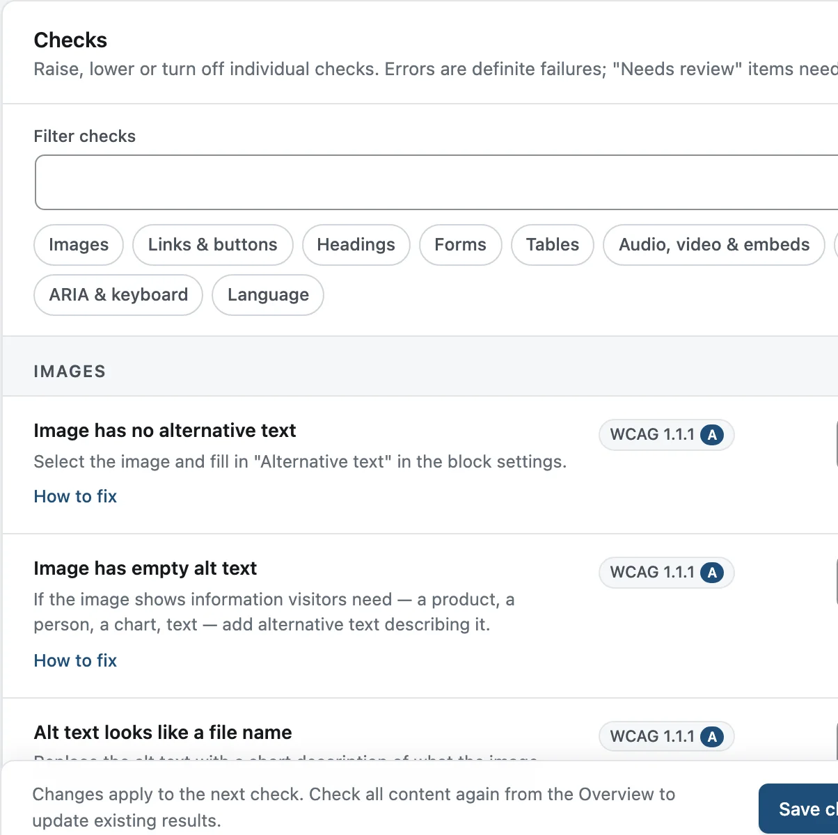 Check settings: each check with its WCAG criterion and a Report as menu set to Error or Needs review.