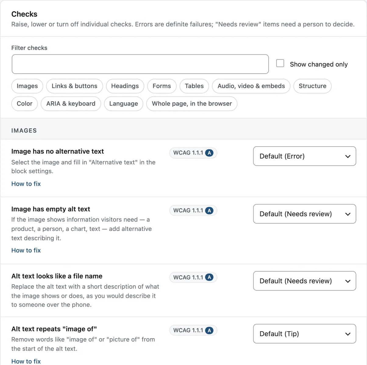 Check settings: each check with its WCAG criterion and a menu set to Error, Needs review or Tip.