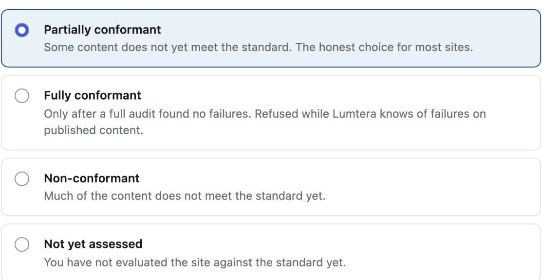 The statement generator's conformance status options, with Partially conformant selected.