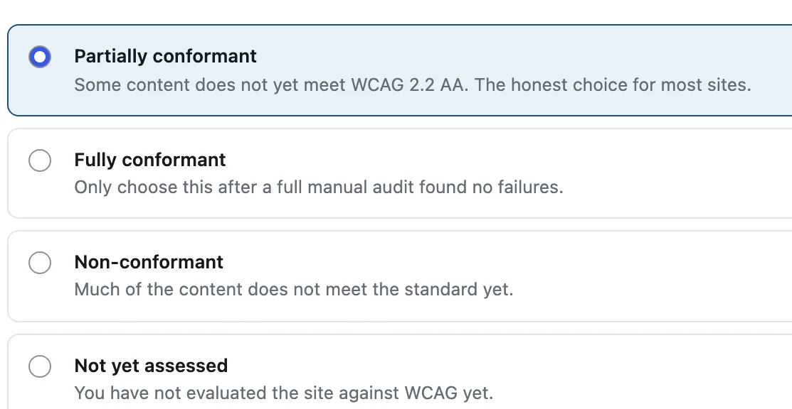 The statement generator's conformance status options, with Partially conformant selected.