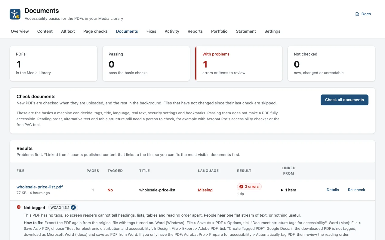 The Documents screen: a PDF flagged as not tagged, with no document language and scanned pages, each with a WCAG reference and how to fix it.