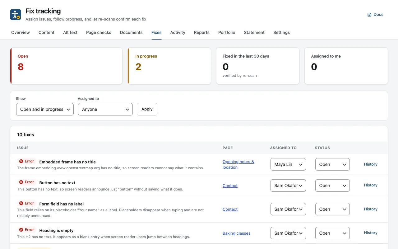Fix tracking: open and in-progress tasks, each issue assigned to a team member with a status and history.