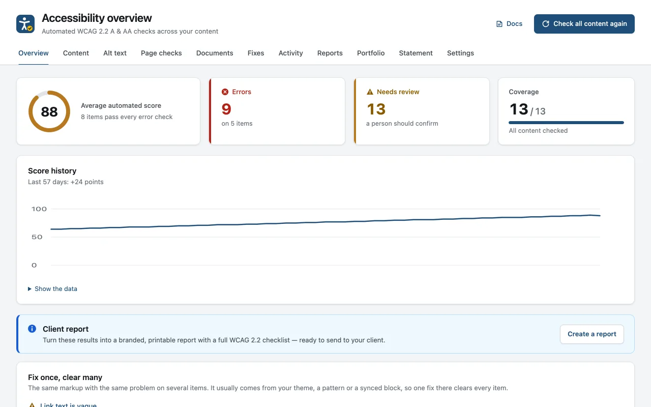 The Lumtera overview with the Pro score history chart rising over eight weeks, above the error, review and coverage totals.