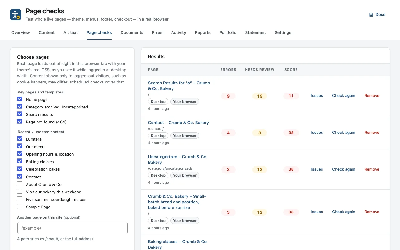 Lumtera Pro page checks: pages chosen on the left, and results on the right with errors, items to review and a score for each page.