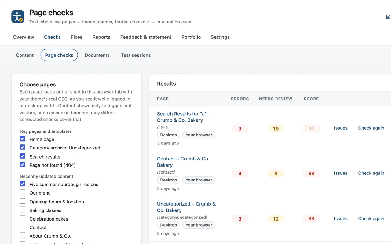 Lumtera Pro page checks: pages chosen on the left, and results on the right with errors, items to review and a score for each page.