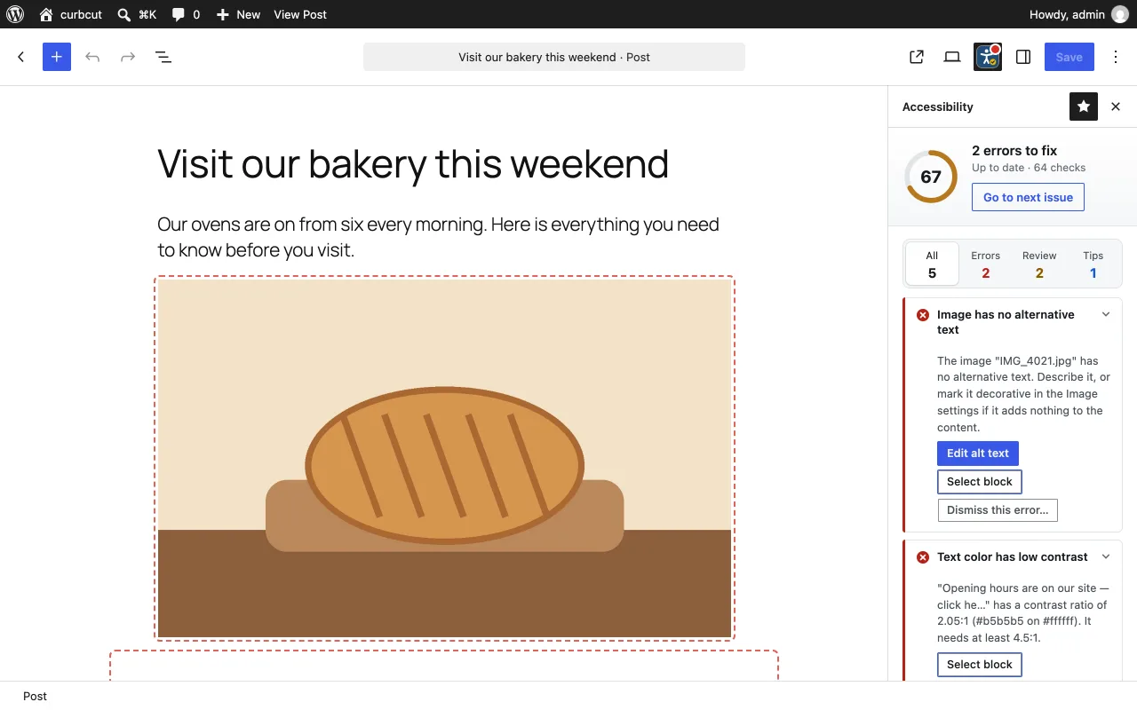 The WordPress block editor with the Lumtera Accessibility sidebar open: a score of 67, two errors, and each issue explained with a fix button.