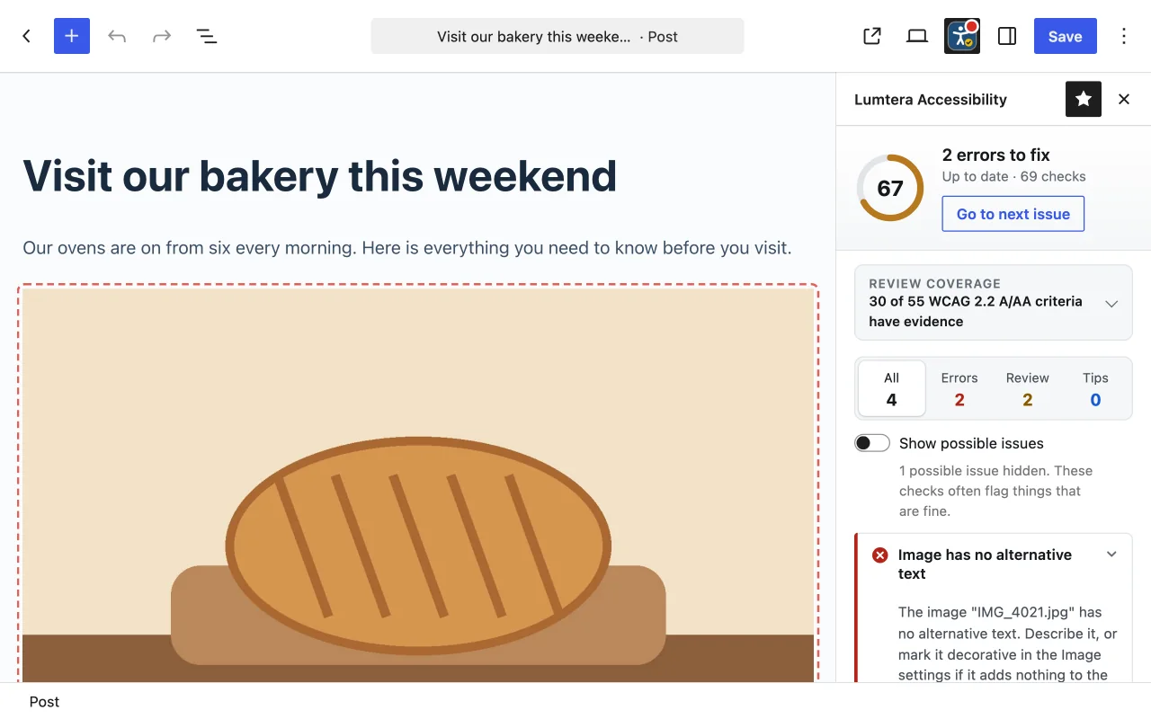 The WordPress block editor with the Lumtera Accessibility sidebar open: a score of 67, two errors, and each issue explained with a fix button.