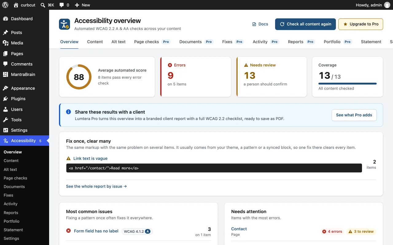 The Lumtera overview: average score, error count, items to review, coverage and the most common issues.
