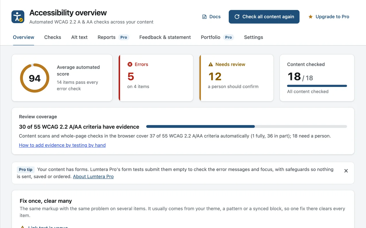 The Lumtera overview: average score, error count, items to review, content checked, WCAG review coverage and fix once, clear many.