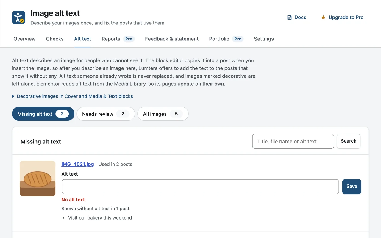 The Lumtera alt text screen listing images with missing alt text and the posts that use each one.