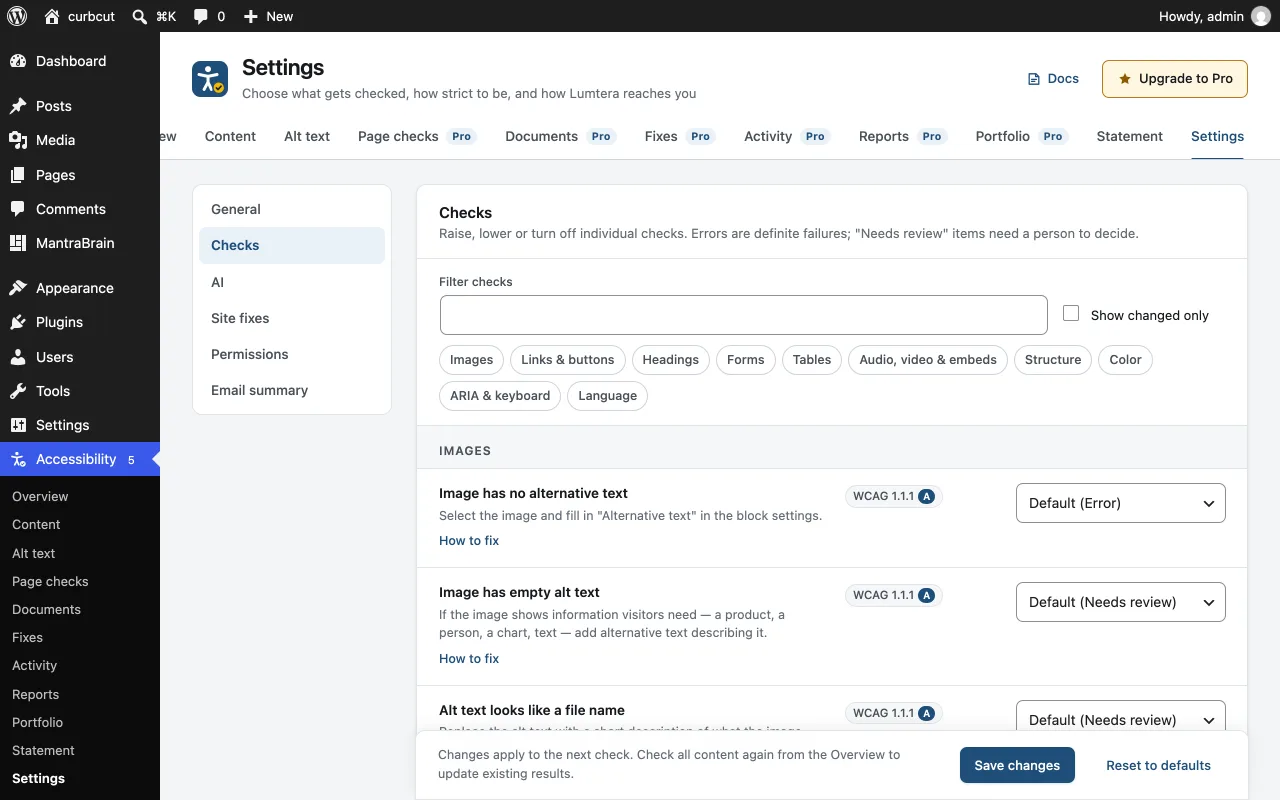 Lumtera settings with each check and a severity choice: Error, Needs review, Tip or Off.