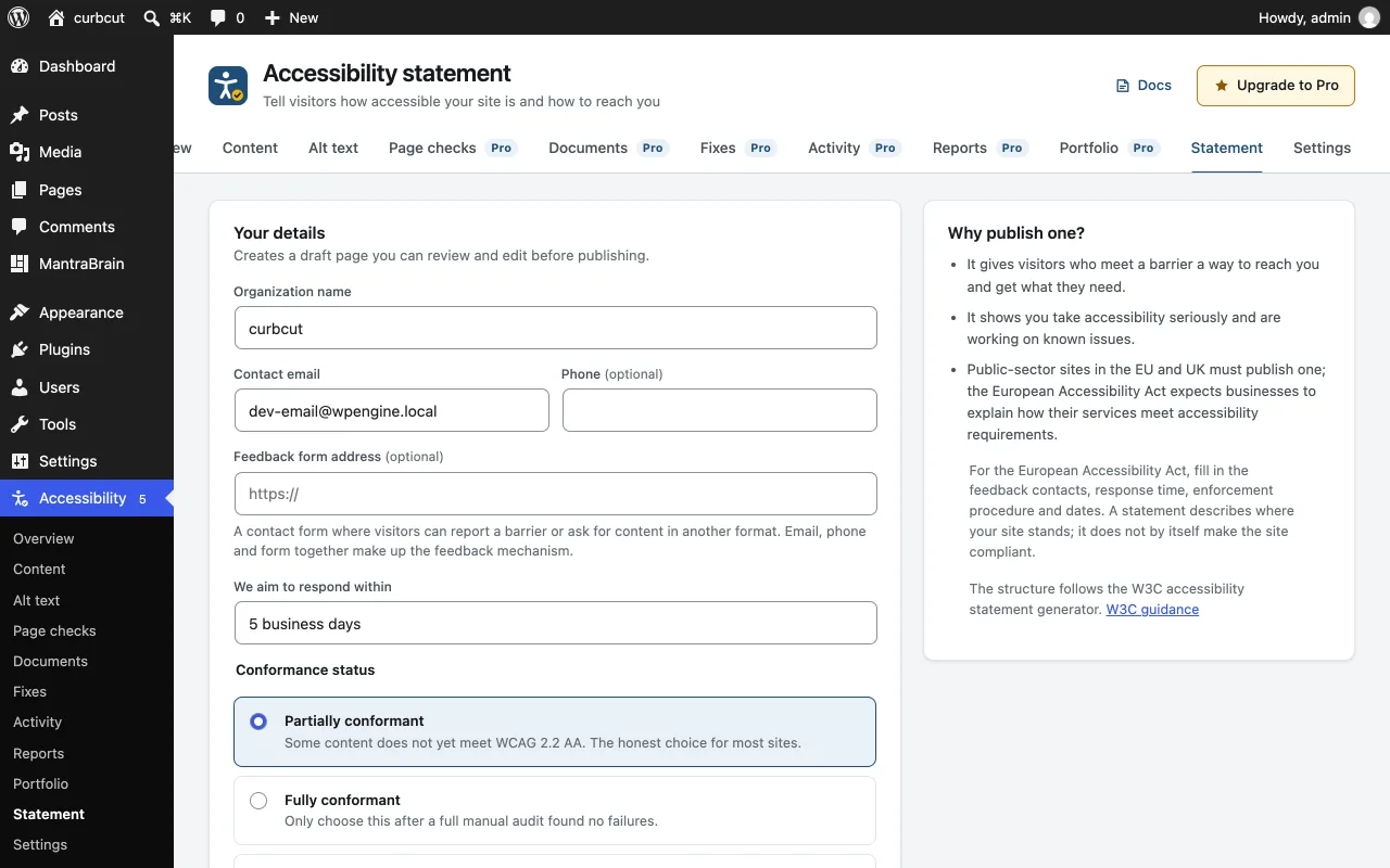 The Lumtera statement generator form with organization details and pre-filled known limitations.