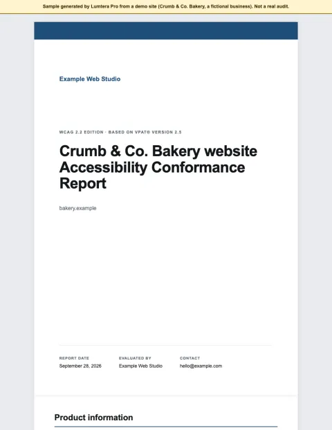 The first page of a sample VPAT 2.5 style Accessibility Conformance Report for the Crumb & Co. Bakery website.
