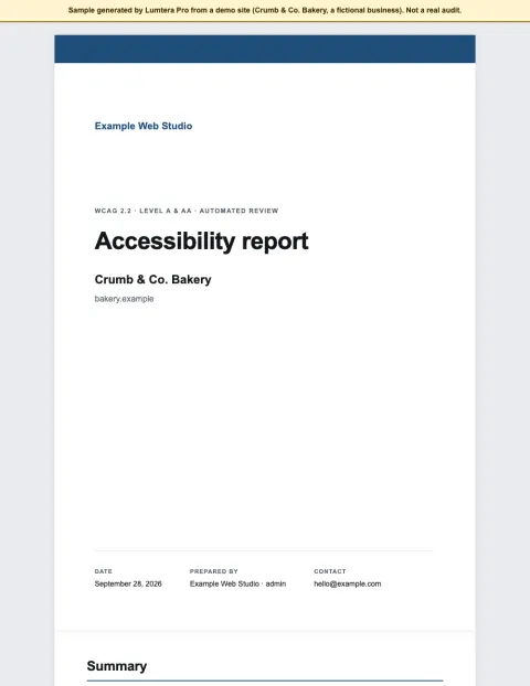 The cover of a sample white-label accessibility report for Crumb & Co. Bakery, prepared by Example Web Studio.