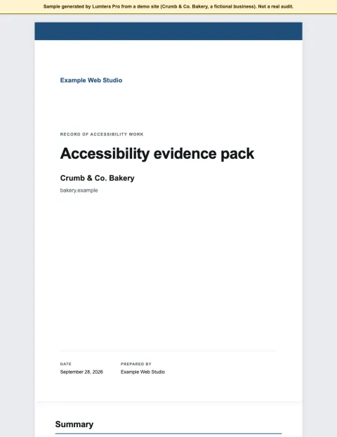 The first page of a sample accessibility evidence pack for Crumb & Co. Bakery.